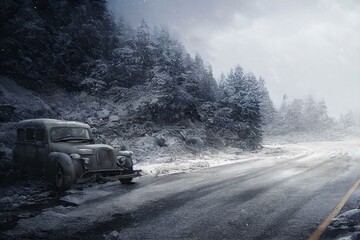 Plakat automobile slid off icy country road. Generative AI