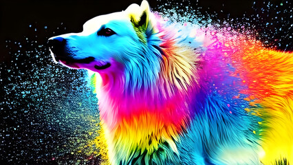 portrait of a dog with rainbow color hair - AI Generative