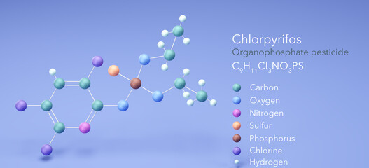 chlorpyrifos molecule, molecular structures, organophosphate pesticide, 3d model, Structural Chemical Formula and Atoms with Color Coding