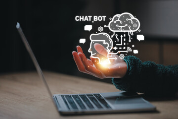 Hand touching digital chatbot for provide access to information and data in online network, robot application and global connection, AI, Artificial intelligence, innovation.chatbot developed by OpenAI