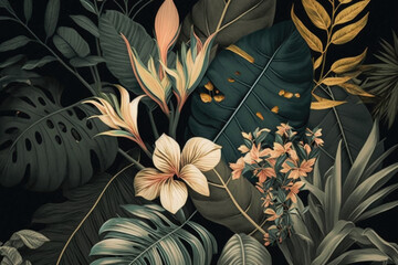 Various tropical leaves and flowers exotic wallpaper design. Generative AI