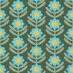 Retro Floral Pattern. 70s Funky Design with Geometric Flowers. Groovy Mid Century scandi Seamless vector texture for fabric design, textile print, wrapping, cover