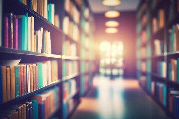 Blurred background of public library, bookshelf with books, education concept. Generative AI