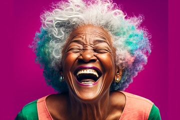Black grandmother with white curly hair laughing on colored background. Generative AI