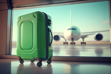 Airport terminal hall interior with lonely green suitcase standing in front of window overlooking of commercial airplane at gate, business travel concept. Generative Ai.