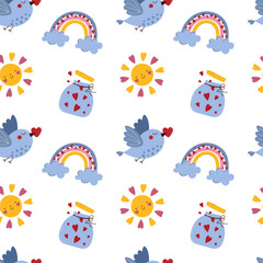 Seamless pattern with a cute little bird, rainbow, sunshine and hearts. A beautiful pattern for socks, textiles, fabrics and children's clothes