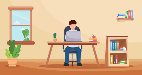 Young man using laptop for working at home,in cartoon character,