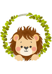 Cute lion peeking out of the frame of green leaves