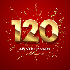 120th Anniversary Celebration. logo design with golden numbers and text for birthday celebration event, invitation, wedding, greeting card, banner, poster, flyer, brochure. Logo Vector Template