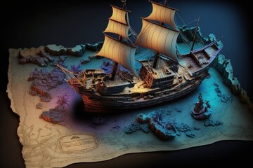 Pirate treasure map with pirate ship and sea, 3d style. Generate AI