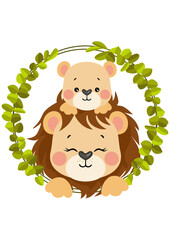 Dad lion with his baby on head peeking out of the frame of green leaves