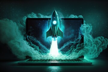 Digital illustration of rocket and laptop, background with green neon light. Generative AI
