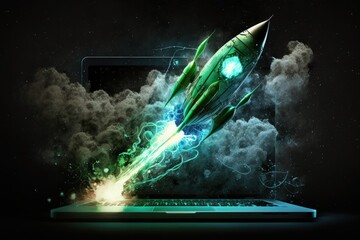 Fototapeta na wymiar Digital illustration of rocket and laptop, background with green neon light. Generative AI