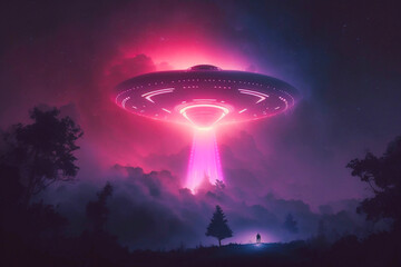 Fototapeta na wymiar UFO with rays of light. Generative AI