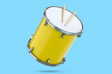 Obraz na płótnie Canvas Realistic drum and wooden drum sticks on blue. 3d render of musical instrument