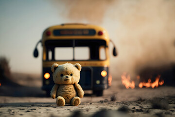 Concept terrorist attack, war bomb, children died. Toy bear sits background burning baby yellow school bus. Generation AI