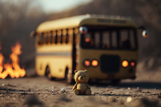 Concept terrorist attack, war bomb, children died. Toy bear sits background burning baby yellow school bus. Generation AI