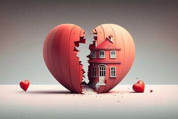 Heart shaped apartment is torn in half. Concept division of jointly acquired property in marriage, separation of house during divorce of family. Generation AI - obrazy, fototapety, plakaty