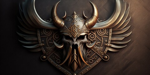 Viking coat of arms with adornments made of copper, helmet with horns, background. Generative AI
