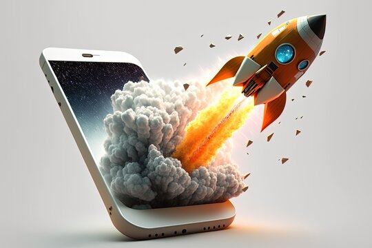Rocket on coming out of mobile screen, cell phone, startup concept, white background. Generetaive AI