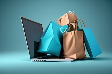 Laptop and shopping bags illustration, blue background. Generative AI