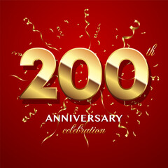 200th Anniversary Celebration. logo design with golden numbers and text for birthday celebration event, invitation, wedding, greeting card, banner, poster, flyer, brochure. Logo Vector Template