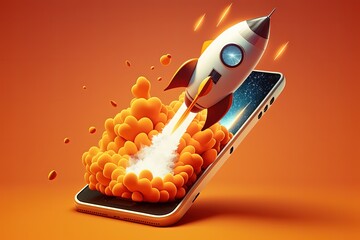 Rocket on coming out of mobile screen, cell phone, startup concept, orange background. Generetaive AI - obrazy, fototapety, plakaty