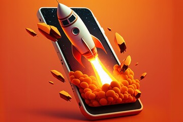 Rocket on coming out of mobile screen, cell phone, startup concept, orange background. Generetaive AI