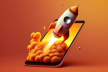 Rocket on coming out of mobile screen, cell phone, startup concept, orange background. Generetaive AI