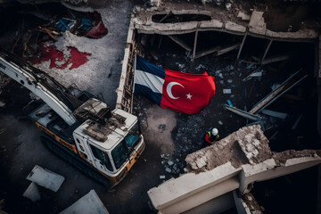 Earthquake in Turkey, Rescue service excavator clears rubble of house after destroy natural disaster. Generation AI