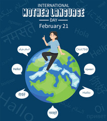 International Mother language day. February 21 Mother language day with girl and globe. © Arslan