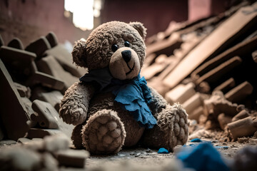 Alone Teddy bear lies rubble of house. Concept destroy life of baby after accident earthquake and war. Generation AI