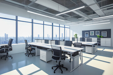 Office interior with chairs and large windows overlooking city skyline. Generative AI.