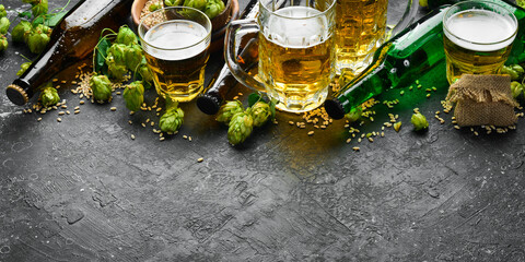 Fresh beer in glasses and fresh green hops on a black stone background. Banner.