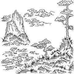 Design Asian Landscape Painting Outline