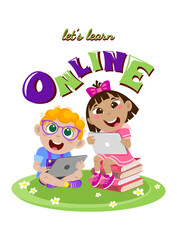 Boy and girl of different nationalities with a tablet and a laptop and textbooks study online together. Vector illustration isolated on white background