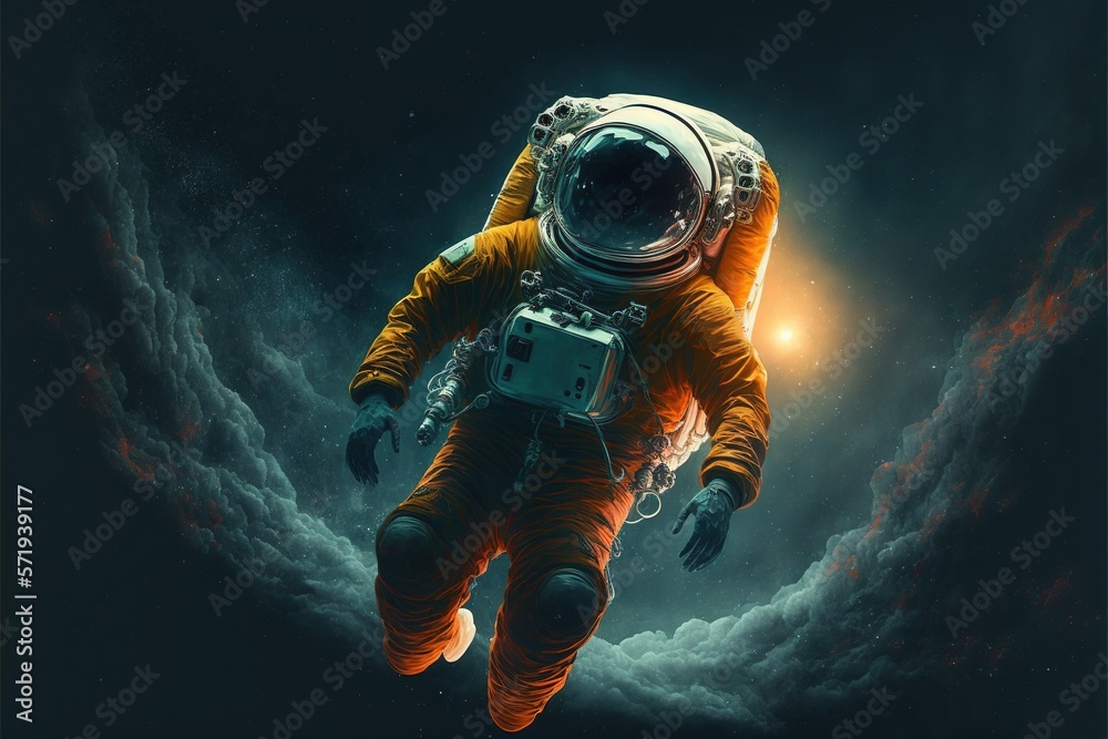 Wall mural astronaut wearing orange suit floating in space with stars, created using generative ai technology