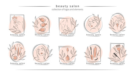 Big set of elements and logos for beauty salon. Nail polish,  manicured female hands and legs, beautiful woman face, lipstick, eyelash extension, makeup, hairdressing. Vector illustrations
