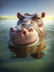 hippo smiling looking out of a river generative AI