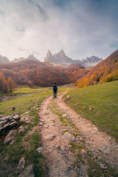 Hiker walking on pathway between autumn trees in mountains