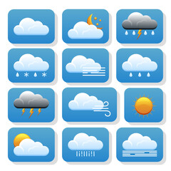 Weather icons. Realistic weather icons set isolated on transparent background. Forecast weather flat symbols.