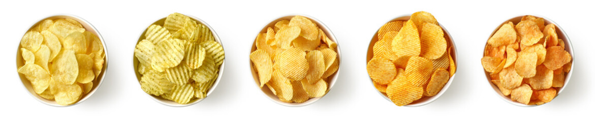 Set or collection of different flavor potato chips or crisps - obrazy, fototapety, plakaty