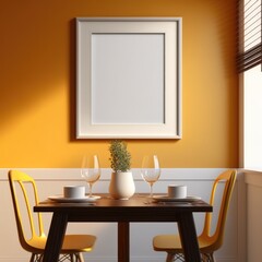 Dinner table with blank photoframe on wall with copy space, created using generative ai technology