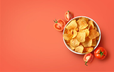 Bowl of crispy potato chips or crisps with tomato flavor on red background