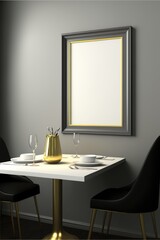 Dinner table with blank photoframe on wall with copy space, created using generative ai technology