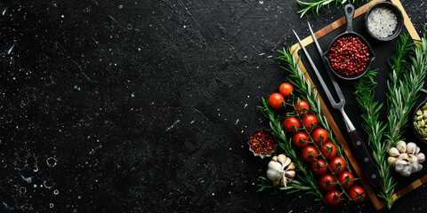 Cooking background. Kitchen board with spices, rosemary and vegetables. Top view. Free space for text.