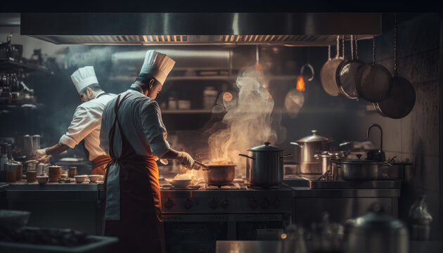 Gourmet chefs in uniform cook in the kitchen. Generative AI