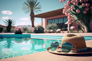 Hotel with pool and hat with sunglasses over landscape, created using generative ai technology