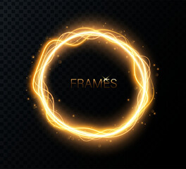 Round lightning frames. Power energy sphere surrounded electrical lightnings vector background