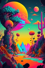 Fototapeta na wymiar Colourful and psychedelic planet with mountain, man and tree, created using generative ai technology